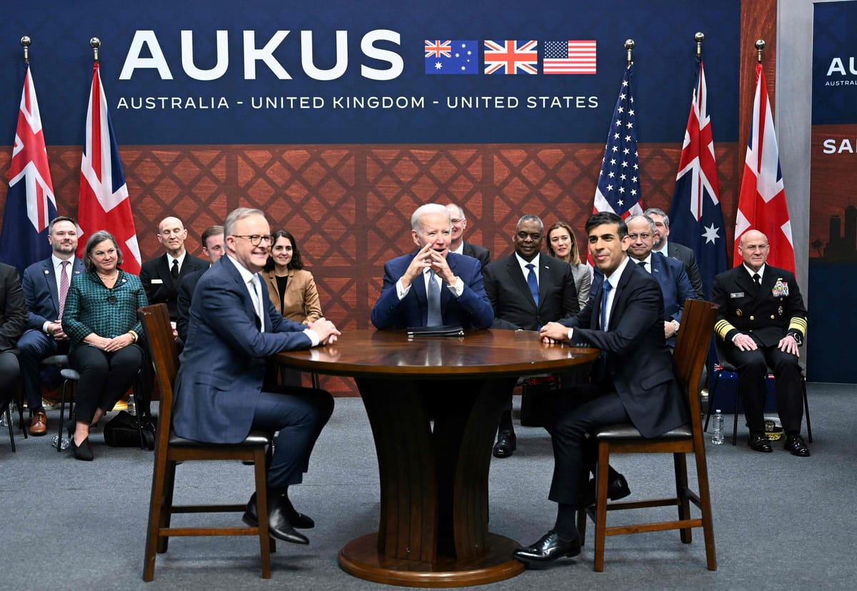 From left, Anthony Albanese, Joe Biden and Rishi Sunak during the Aukus summit in San Diego on Monday 13 March 2023 (AFP/Getty)