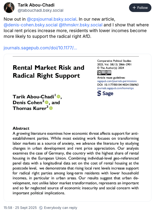 Scientific article on how rent increases result in working class people supporting far right political parties https://bsky.app/profile/tabouchadi.bsky.social/post/3lznbh7nh2k23